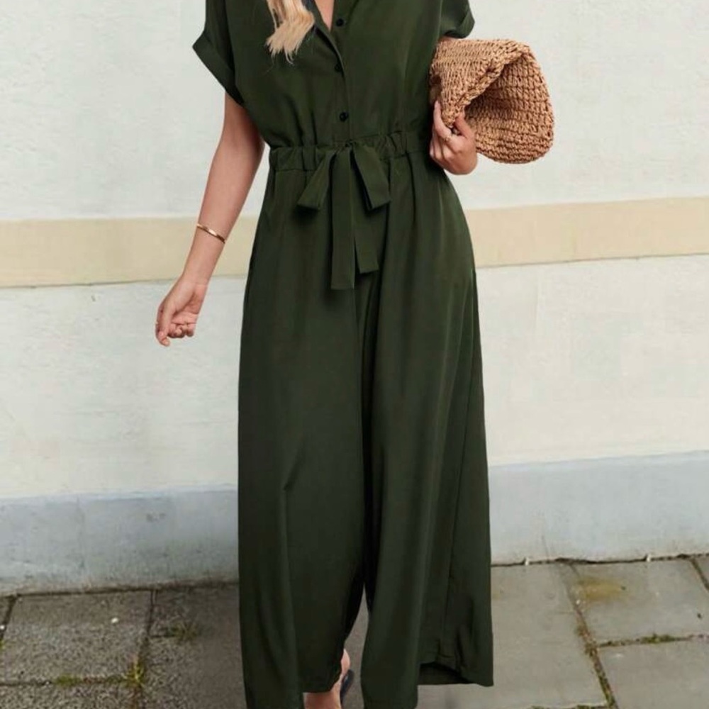 Casual Solid Color Drawstring Waist Jumpsuit - image 1
